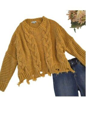 Women's Oversized Cozy Cable Knit Sweater Mustard Yellow One Size Fringe Boho
